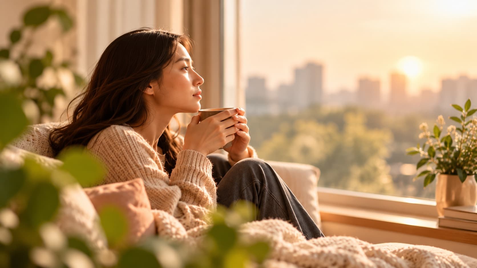 A woman in a soft sweater holding a mug, looking out of a window at a city in golden light
