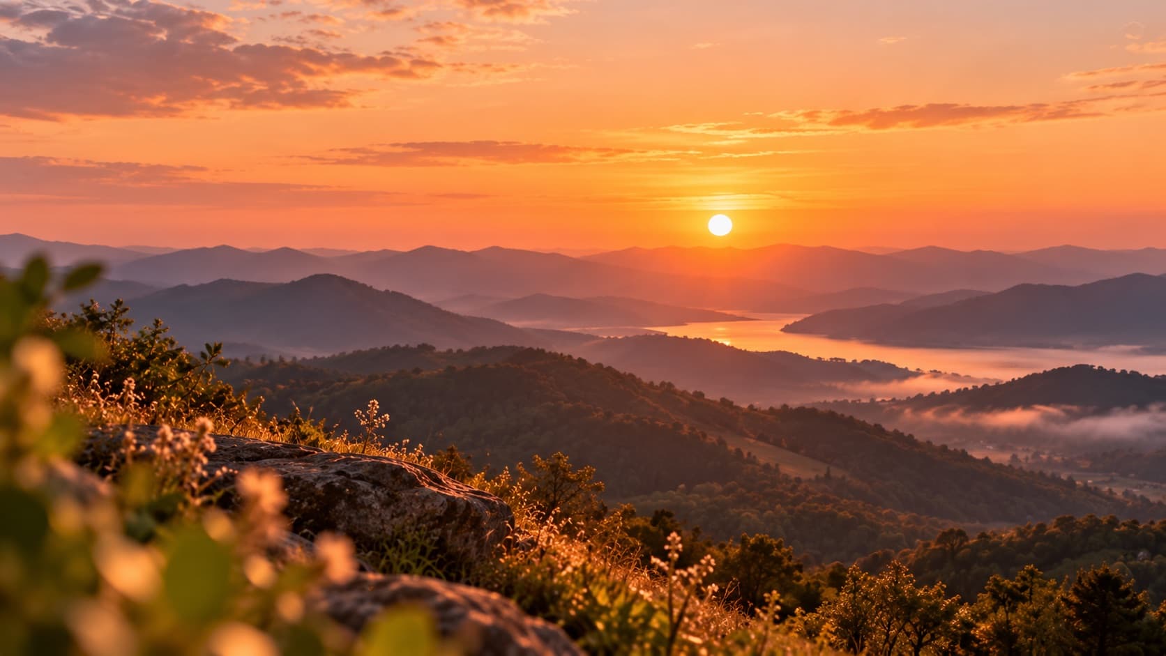 The sun rising over misty hills and a valley, seen from a rocky slope with wild grass