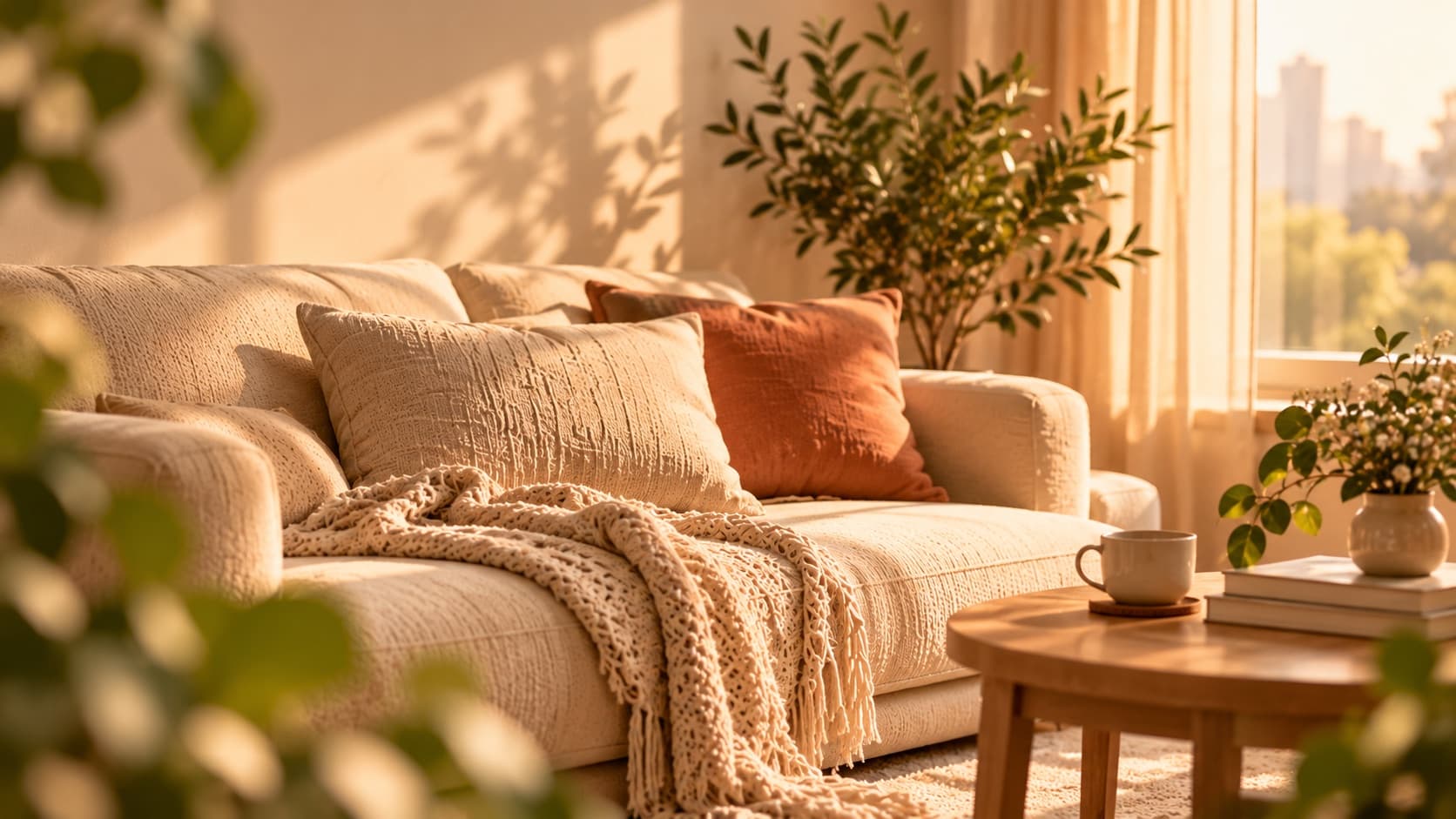 A sunlit living room with a soft sofa, cushions, and a knitted throw