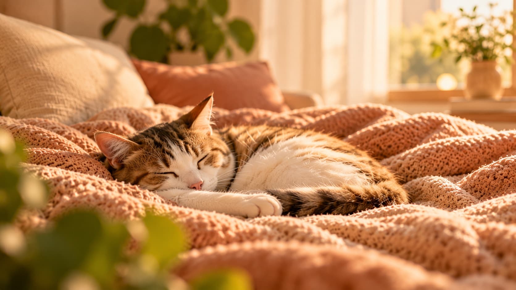 A tabby and white cat asleep on a knitted terracotta blanket in afternoon sun