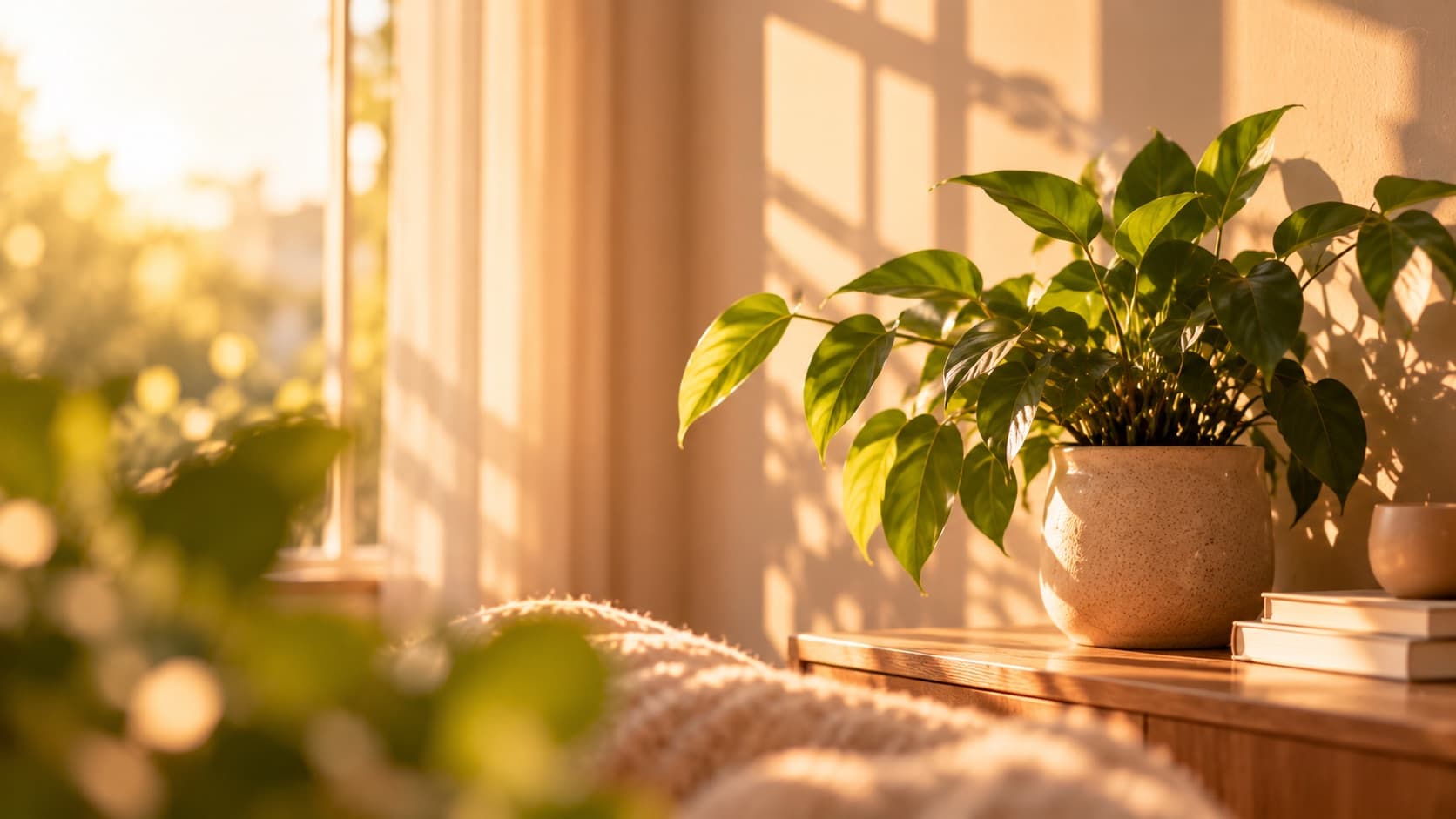 A leafy plant in a ceramic pot on a wooden sideboard beside a bright window